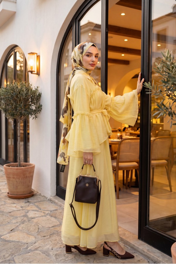 Belted Tulle Voile Dress with Tie Neck and Ruffle Detail -Yellow