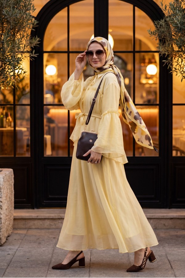 Belted Tulle Voile Dress with Tie Neck and Ruffle Detail -Yellow