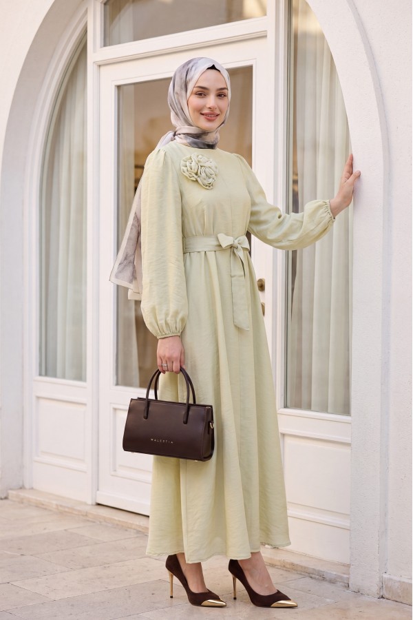 Brooch Detail Belted Lined Balloon Sleeve Tulle Voile Dress - Beige