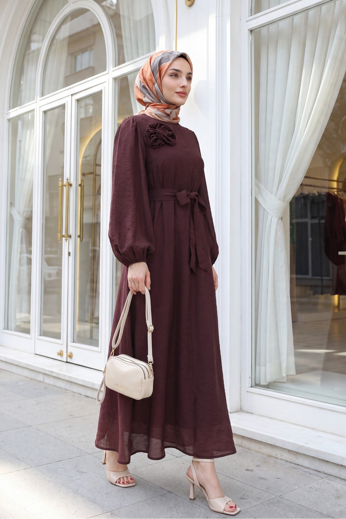 Brooch Detail Belted Lined Balloon Sleeve Tulle Voile Dress -Damson detay görseli