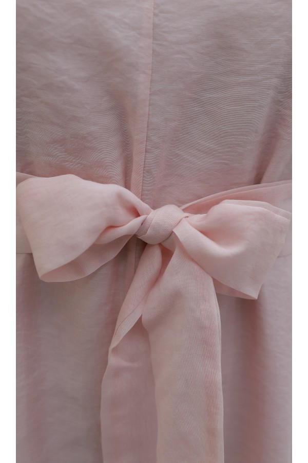 Brooch Detail Belted Lined Balloon Sleeve Tulle Voile Dress -Powder