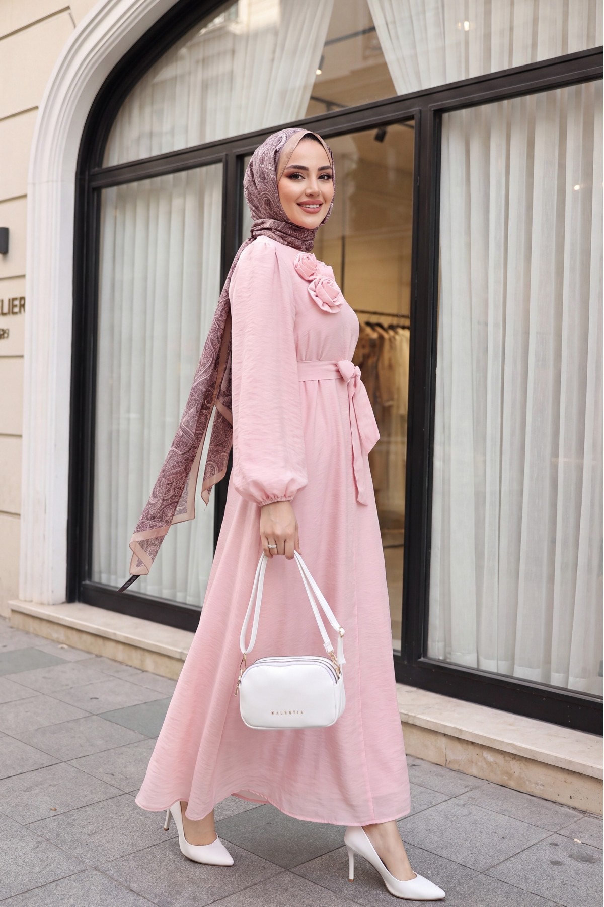 Brooch Detail Belted Lined Balloon Sleeve Tulle Voile Dress -Powder