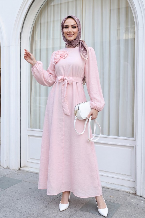 Broş Detaylı Kemerli Astarlı Balon Kol Tül Vual Elbise -Pudra