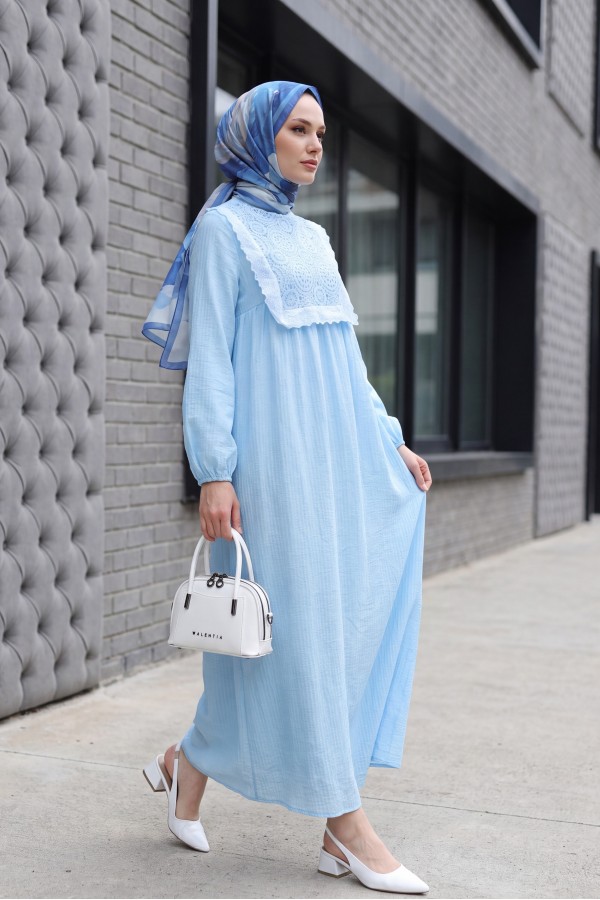 Lined Crepe Dress with Removable Lace Vest and Elasticated Sleeves -Baby Blue