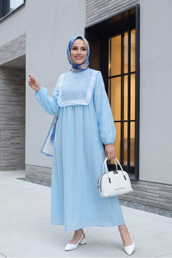 Lined Crepe Dress with Removable Lace Vest and Elasticated Sleeves -Baby Blue