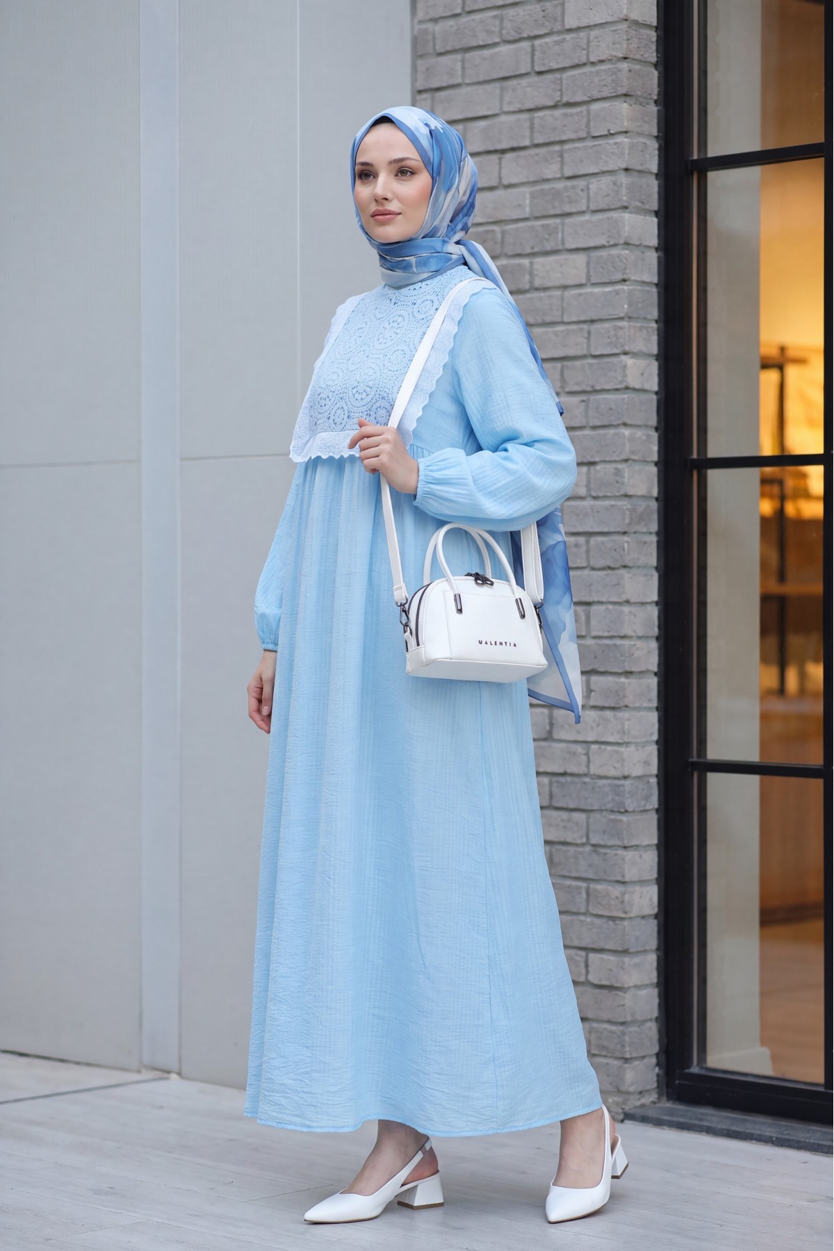 Lined Crepe Dress with Removable Lace Vest and Elasticated Sleeves -Baby Blue