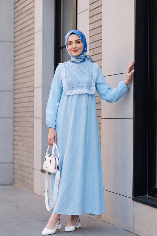 Lined Crepe Dress with Removable Lace Vest and Elasticated Sleeves -Baby Blue