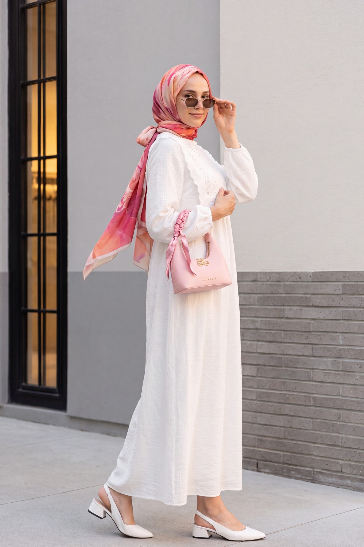Lined Crepe Dress with Removable Lace Vest and Elasticated Sleeves -White