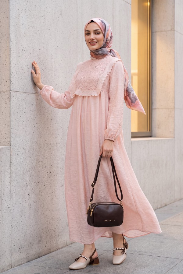 Lined Crepe Dress with Removable Lace Vest and Elasticated Sleeves -Powder
