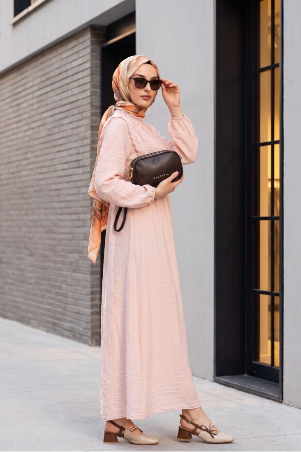 Lined Crepe Dress with Removable Lace Vest and Elasticated Sleeves -Powder