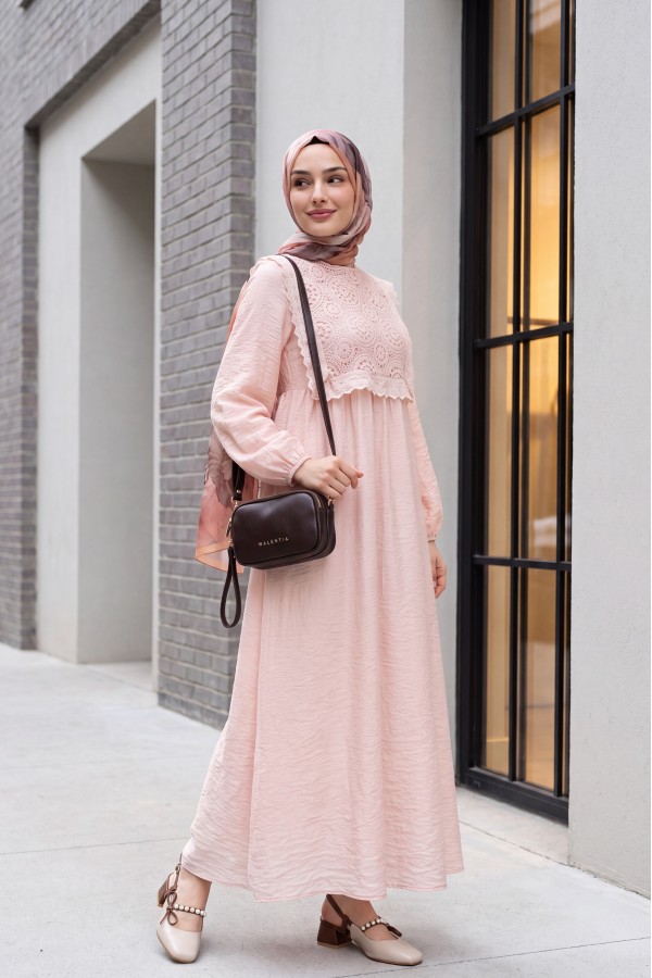 Lined Crepe Dress with Removable Lace Vest and Elasticated Sleeves -Powder