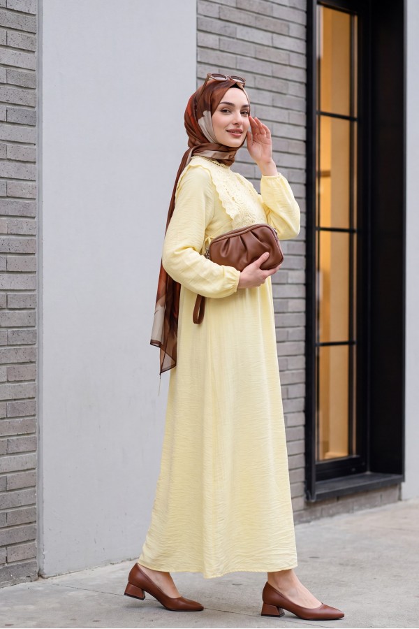 Lined Crepe Dress with Removable Lace Vest and Elasticated Sleeves -Yellow