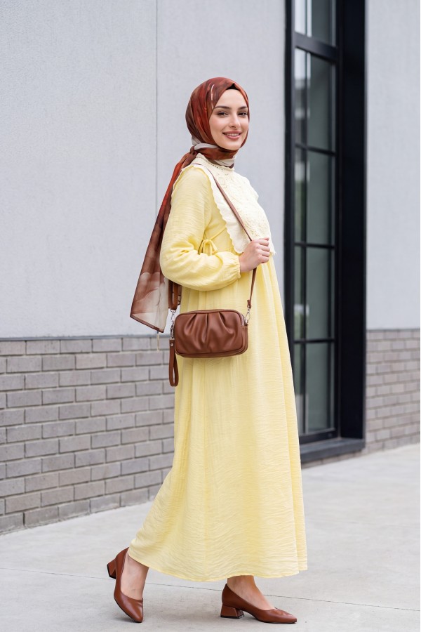Lined Crepe Dress with Removable Lace Vest and Elasticated Sleeves -Yellow