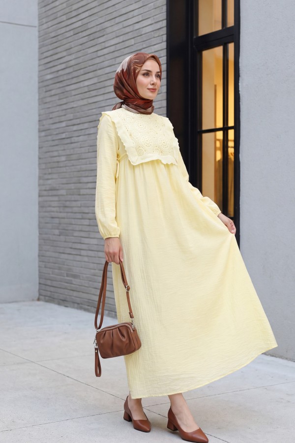 Lined Crepe Dress with Removable Lace Vest and Elasticated Sleeves -Yellow