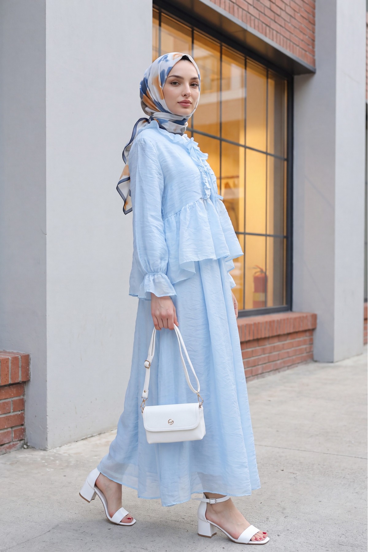 Asymmetrical Tulle Voile Set with Tie Neck, Elasticated Sleeves, Ruffles, and Lining -Baby Blue