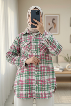 Tweed Shirt with Flap Pocket -Pink