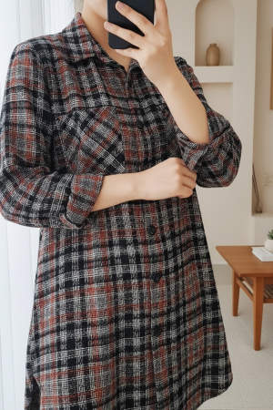 Buttoned Double Pocket Tweed Shirt -Orange