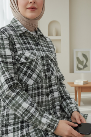 Tweed Shirt with Flap Pocket  -Khaki