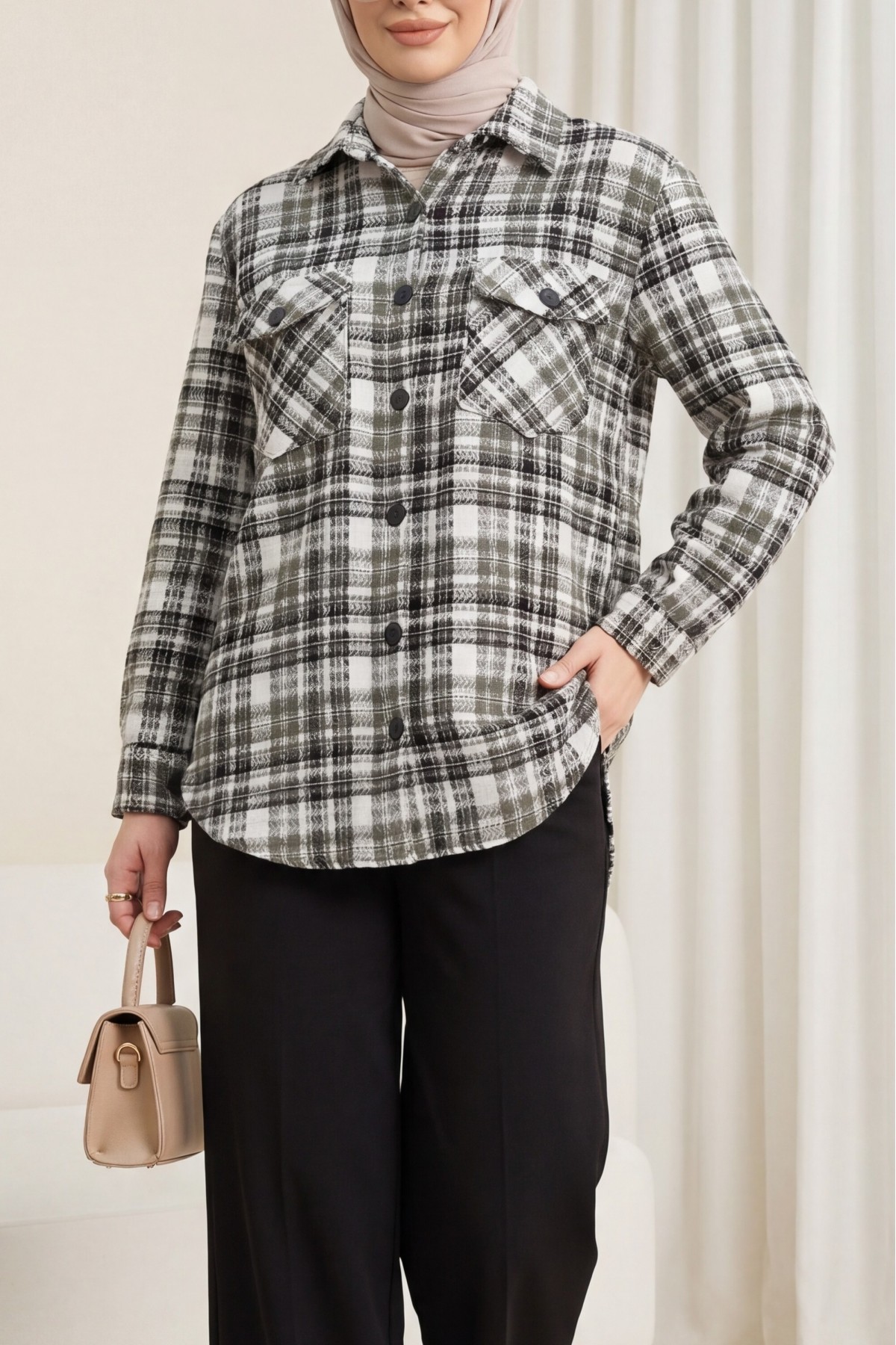 Tweed Shirt with Flap Pocket  -Khaki