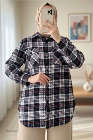 Tweed Shirt with Flap Pocket   -Navy blue