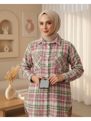 Boydan Düğmeli Çift Cepli Tüvit Gömlek  -Pembe