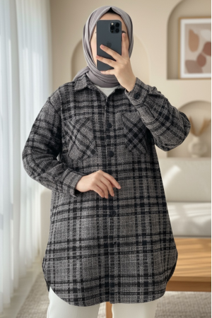 Buttoned Double Pocket Tweed Shirt   -Powder