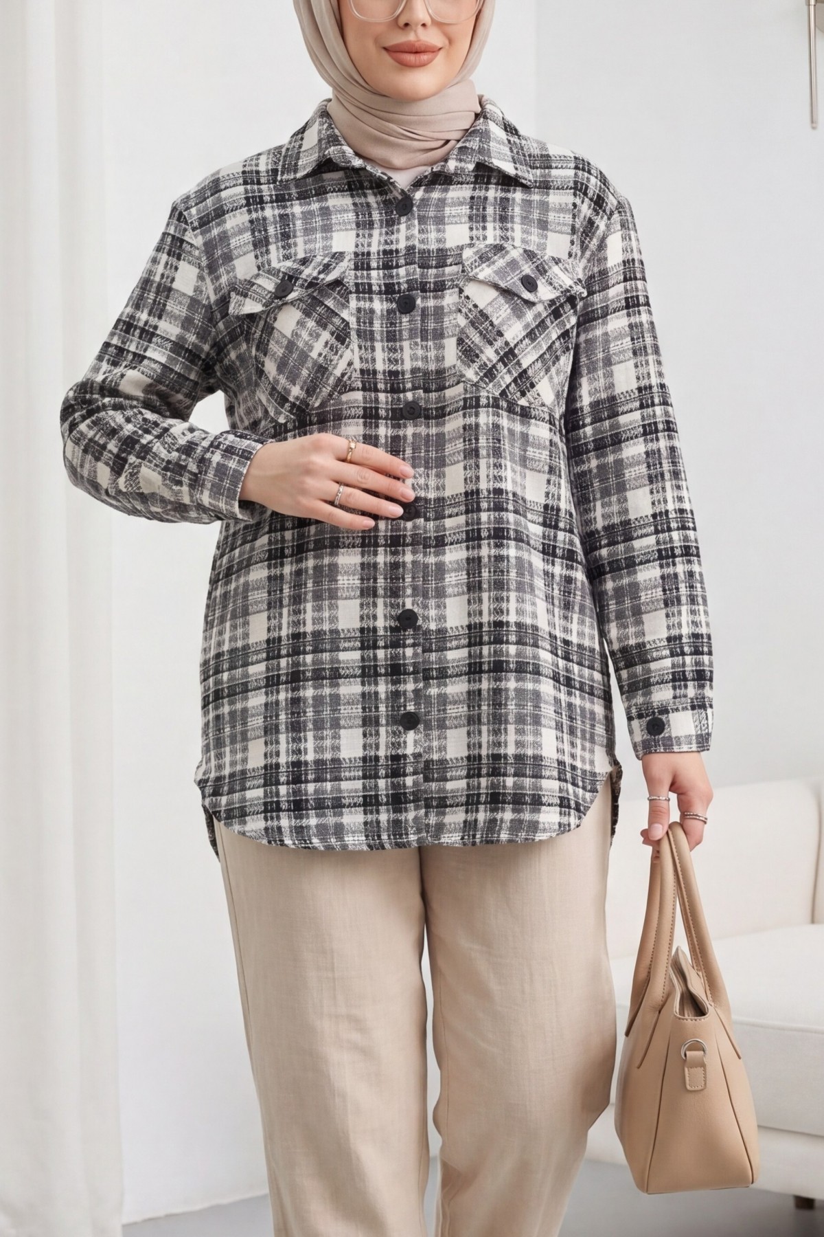 Tweed Shirt with Flap Pocket    -Ecru