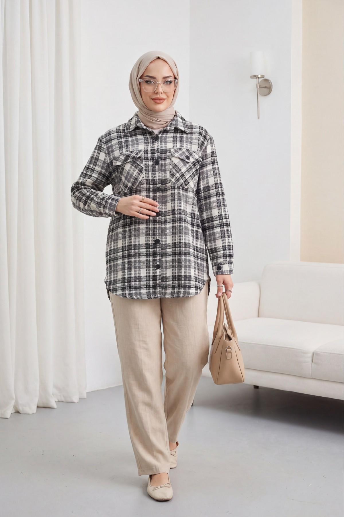 Tweed Shirt with Flap Pocket    -Ecru