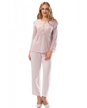 طقم بيجامة من القطن الممشط باللون البيج 