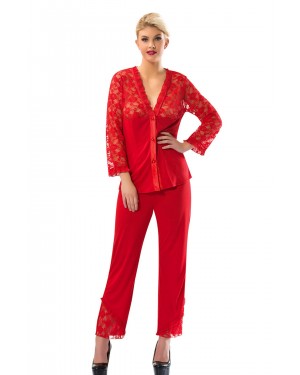 طقم بيجامة من القطن الممشط باللون الأحمر 