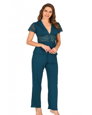 طقم بيجامة من القطن الممشط باللون الأخضر البترولي 