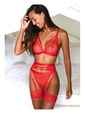 Kırmızı Fantezi File Jartiyer Takım - 1036