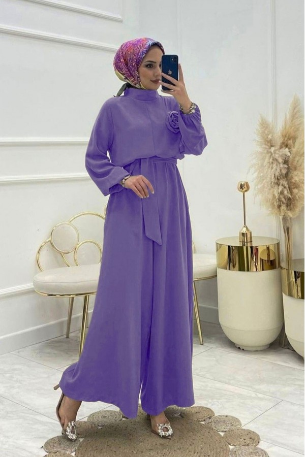Rose Jumpsuit with Stand Collar and Belt -Lilac