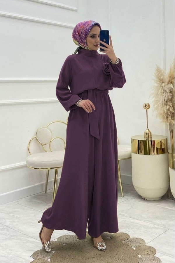 Rose Jumpsuit with Stand Collar and Belt - Purple