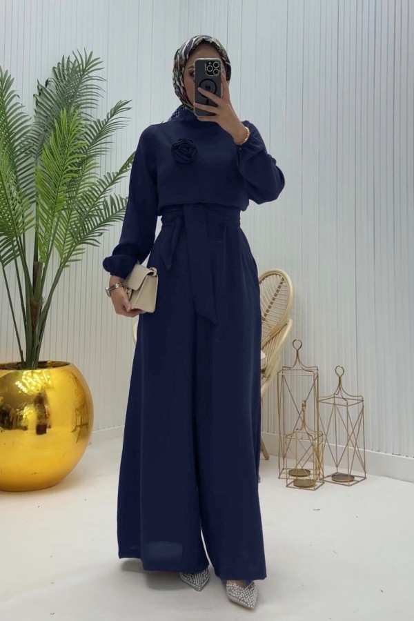 Rose Jumpsuit with Stand Collar and Belt  -Navy blue