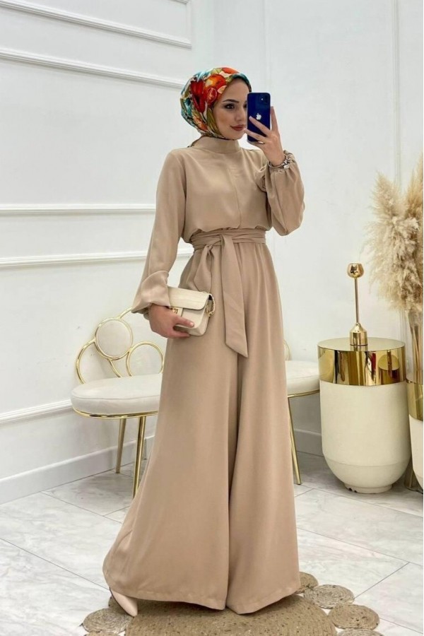Rose Jumpsuit with Stand Collar and Belt  -Mink color