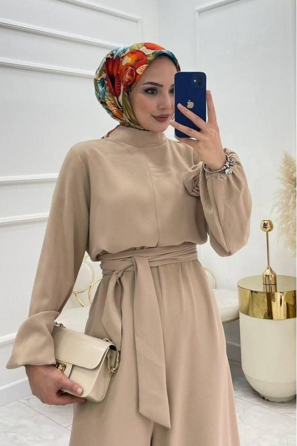 Rose Jumpsuit with Stand Collar and Belt  -Mink color