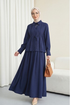 Önü Şerit Taşlı Bağcıklı Gömlek Etek İkili Modal Takım  -Laci