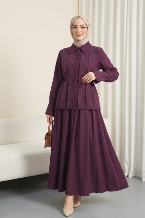 Önü Şerit Taşlı Bağcıklı Gömlek Etek İkili Modal Takım  -Mürdüm