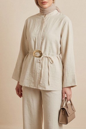 Beli Kemerli Yarım Düğmeli Pantolonlu Cupra Takım  -Bej