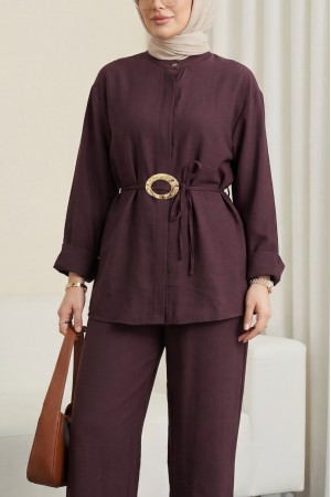 Beli Kemerli Yarım Düğmeli Pantolonlu Cupra Takım  -Mürdüm