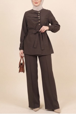 Kolu Ve Önü Katlama Detaylı Beli Kemerli Yarım Düğmeli Cupra Takım  -Kahve