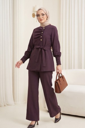 Kolu Ve Önü Katlama Detaylı Beli Kemerli Yarım Düğmeli Cupra Takım  -Mürdüm