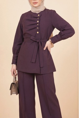 Kolu Ve Önü Katlama Detaylı Beli Kemerli Yarım Düğmeli Cupra Takım  -Mürdüm