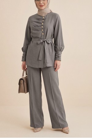 Kolu Ve Önü Katlama Detaylı Beli Kemerli Yarım Düğmeli Cupra Takım  -Toprak