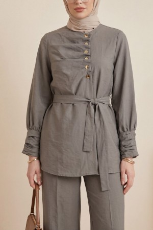 Kolu Ve Önü Katlama Detaylı Beli Kemerli Yarım Düğmeli Cupra Takım  -Toprak