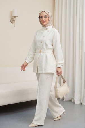 Gold Düğmeli Tokalı Kemerli Fırfır Detaylı Cupra Takım  -Ekru
