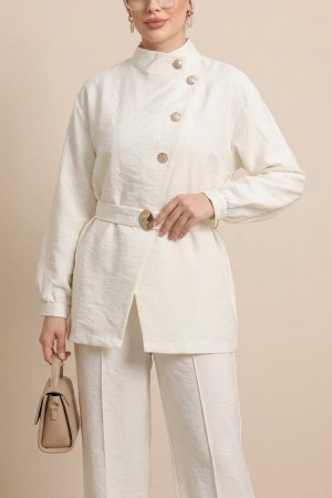 Gold Düğmeli Tokalı Kemerli Fırfır Detaylı Cupra Takım  -Ekru