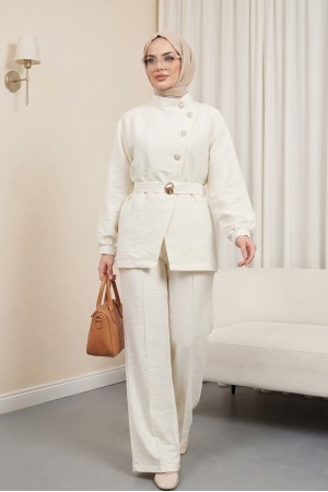Gold Düğmeli Tokalı Kemerli Fırfır Detaylı Cupra Takım  -Ekru