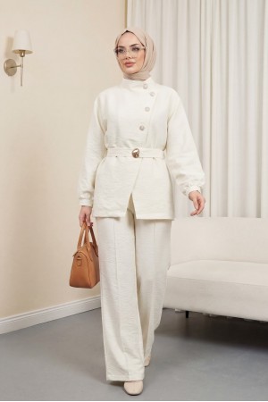 Gold Düğmeli Tokalı Kemerli Fırfır Detaylı Cupra Takım  -Ekru